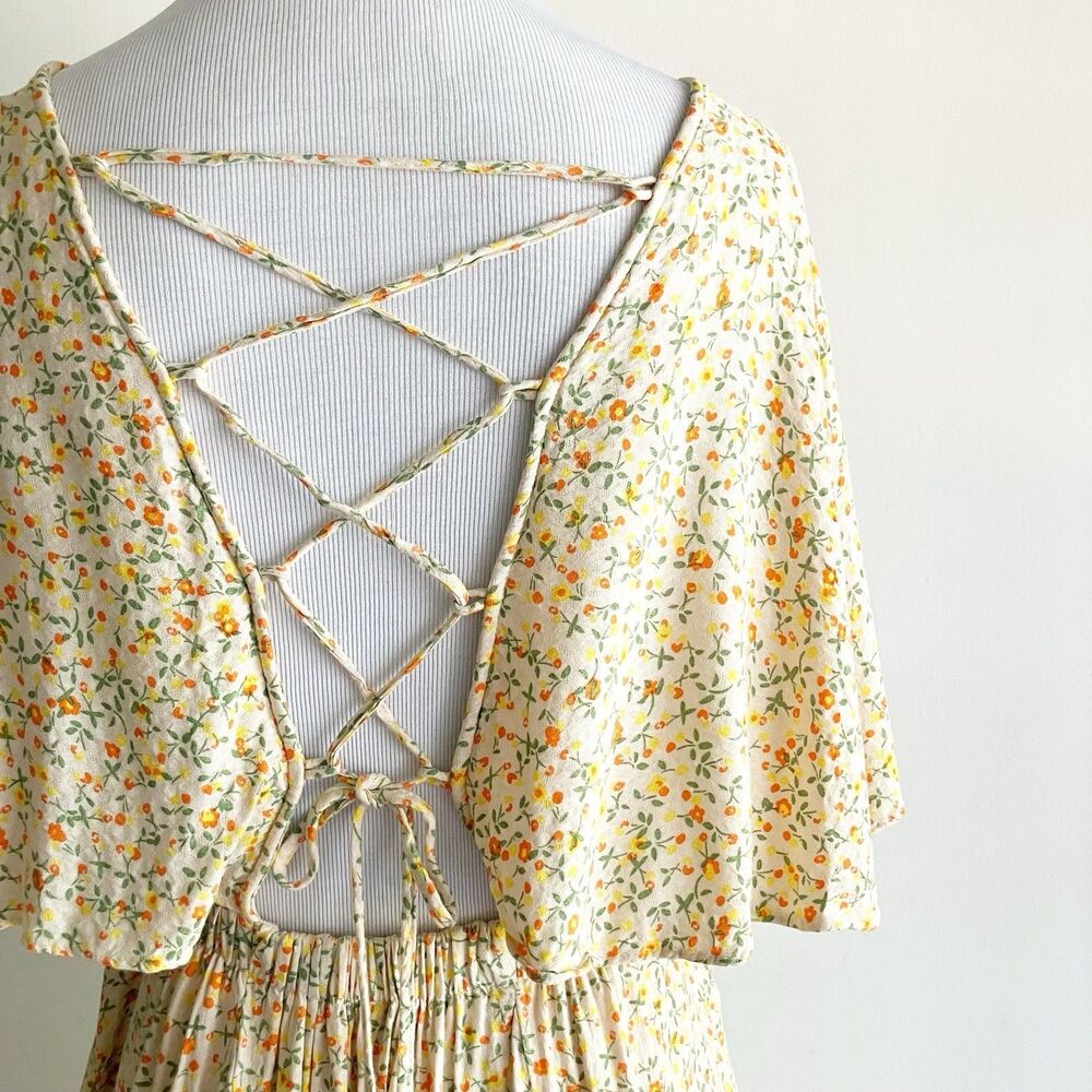 Free People Florence Mini Dress Size Small Floral Print Smocked Lace Up Backless - Picture 6 of 10